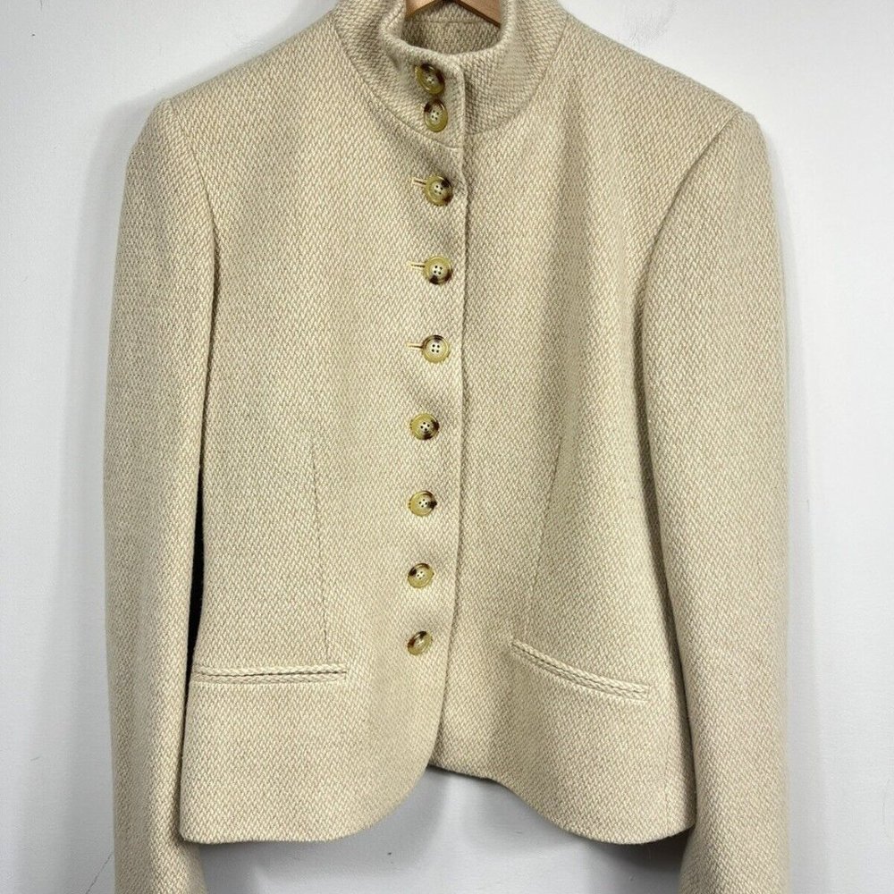 Ralph Lauren LRL Blazer Womens 6 Tan Tweed Wool Mock Neck Jacket Full Button
